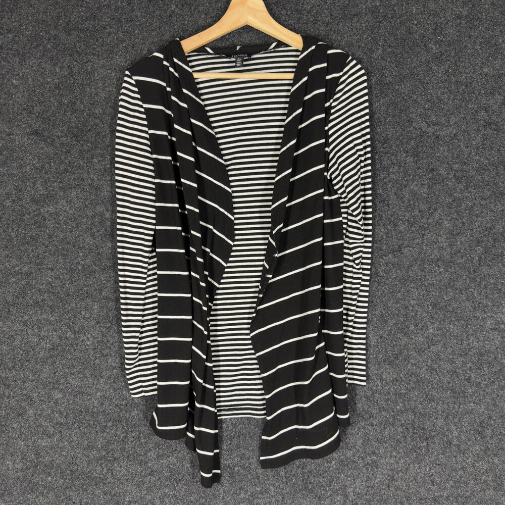 Jones New York Cardigan Women L Large Black Striped Open Front Long Sleeve